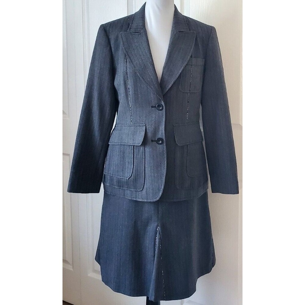 Womens Harve Bernard 2PC Gray Wool Skirt Suit 10P Skirt 12P Blazer Jacket NWT